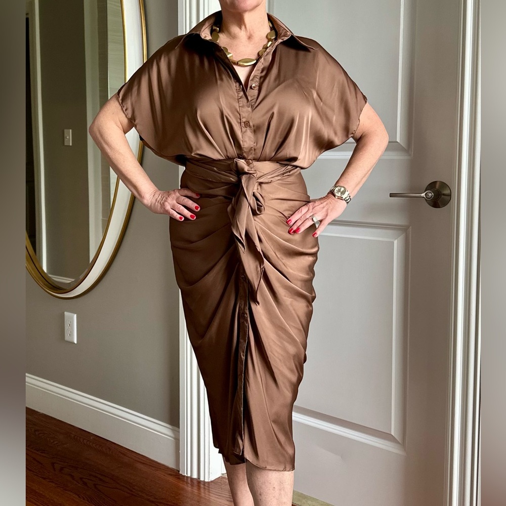 NWT!! DO+BE Chocolate/caramel Satin tie midi dress